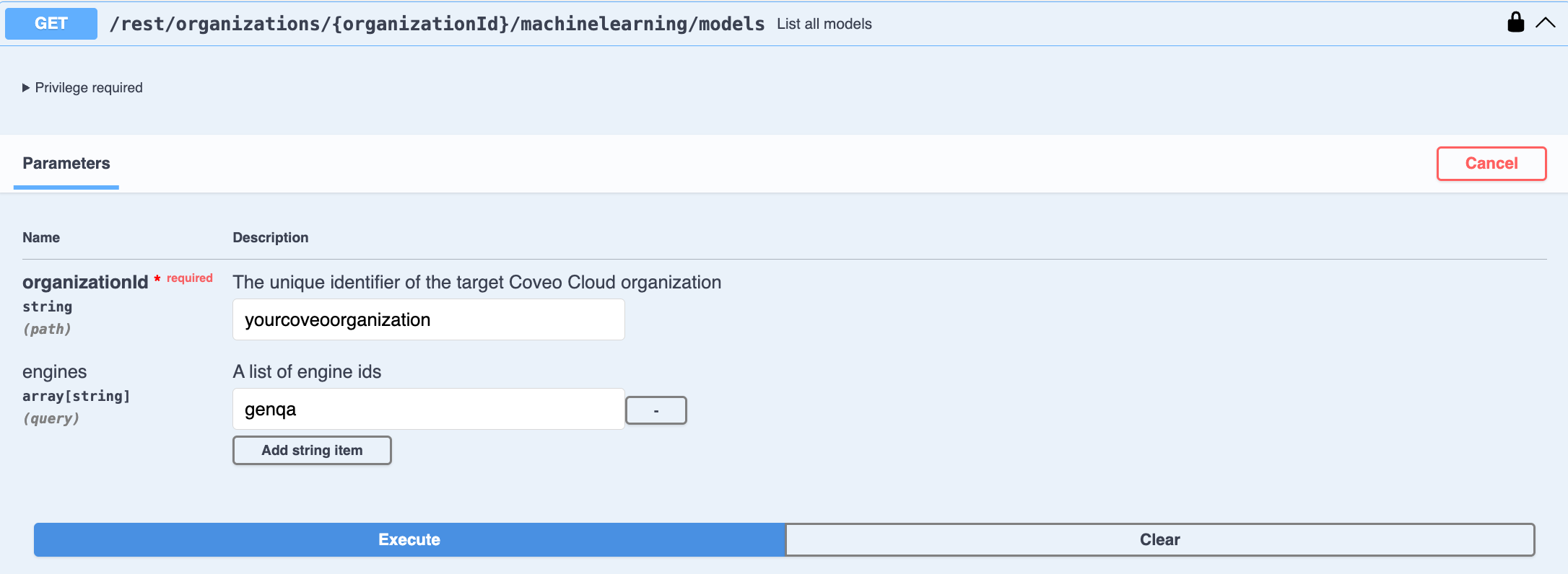 Use Swagger UI to get a list of machine learning models | Coveo