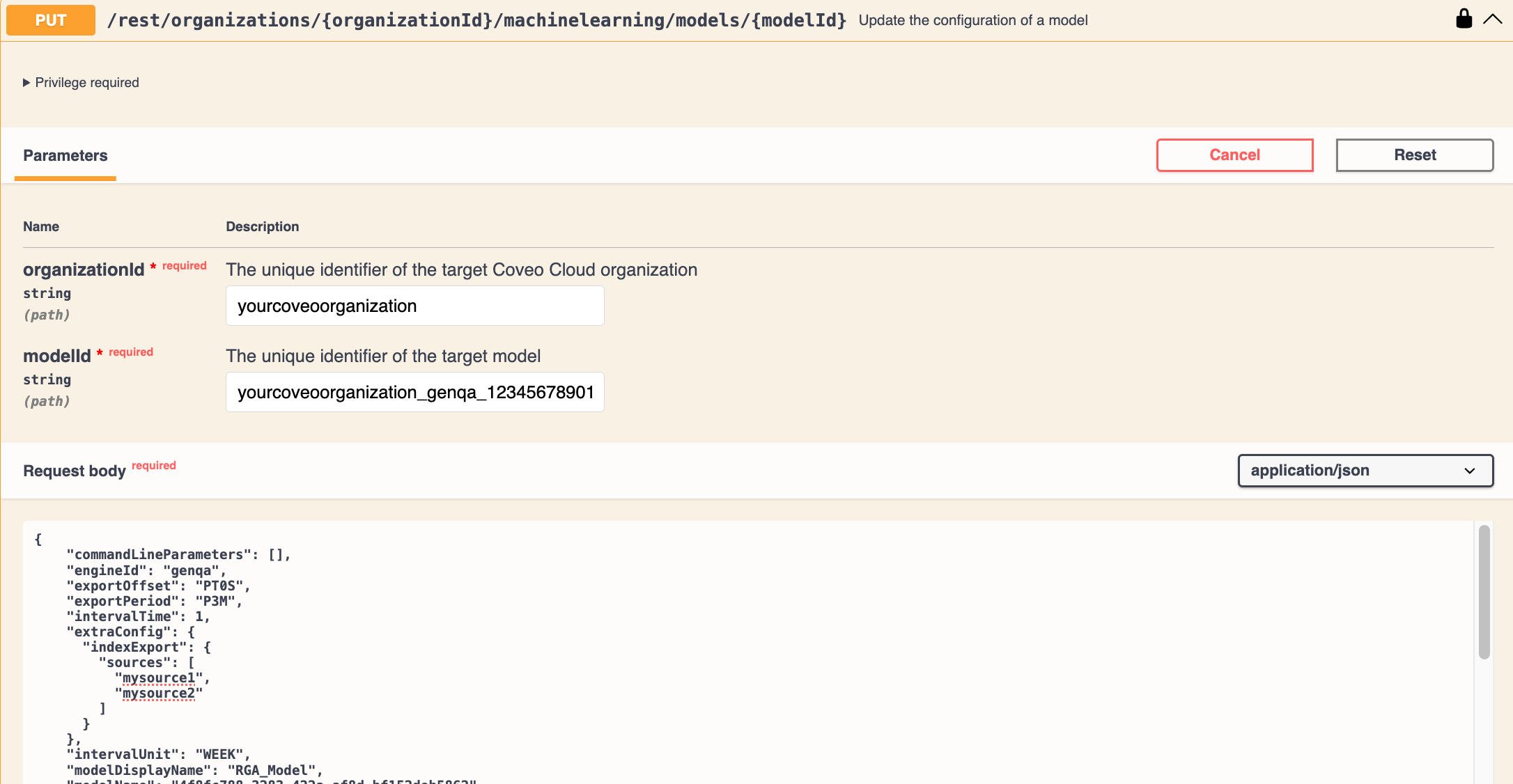 Use Swagger UI to edit a machine learning model | Coveo