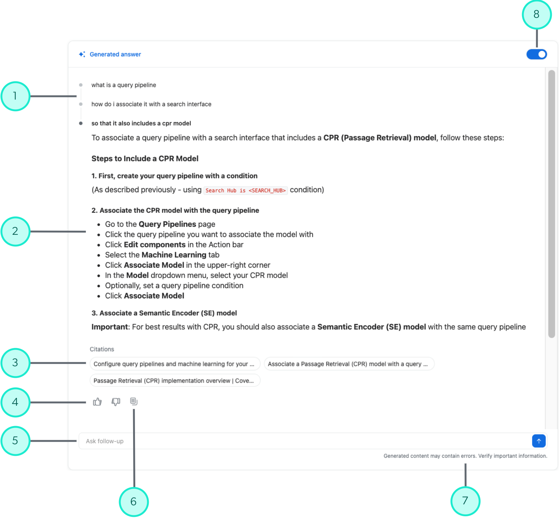 Conversational answer generation component parts