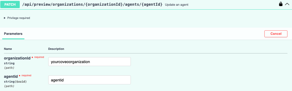 Use Swagger UI to update the Search Agent | Coveo