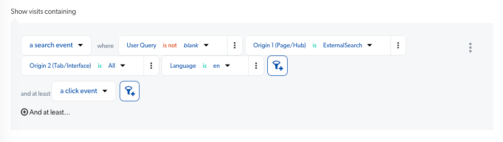 Visit Browser interface showing search event filters | Coveo
