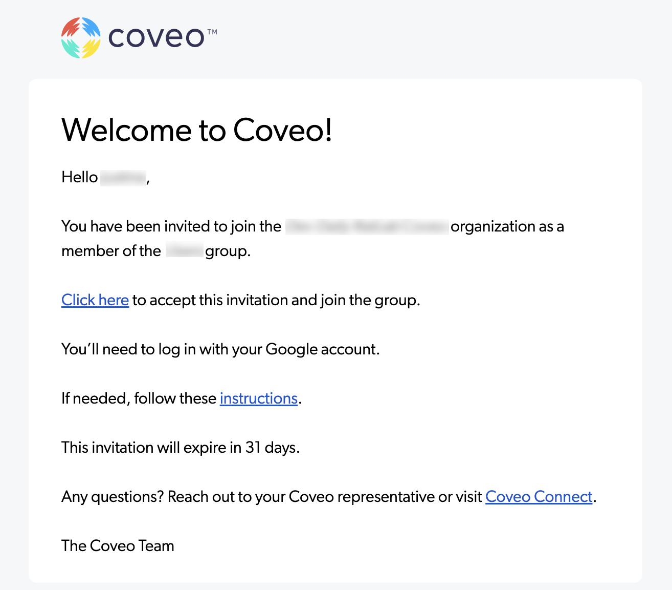 Coveo Platform invitation email