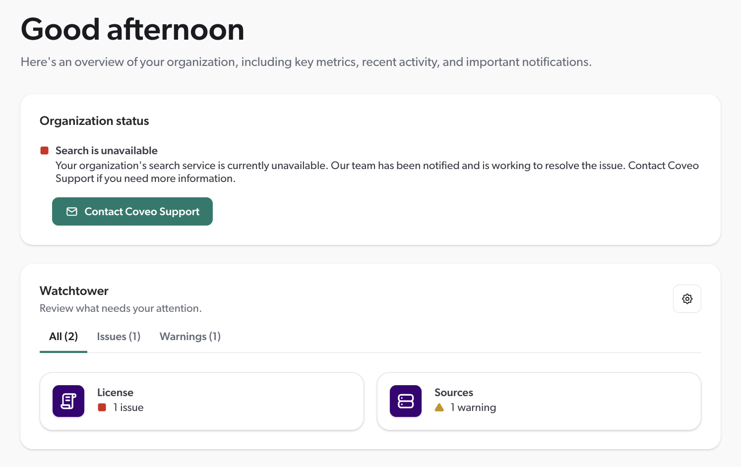 Coveo Administration Console home page showing a system issue notification