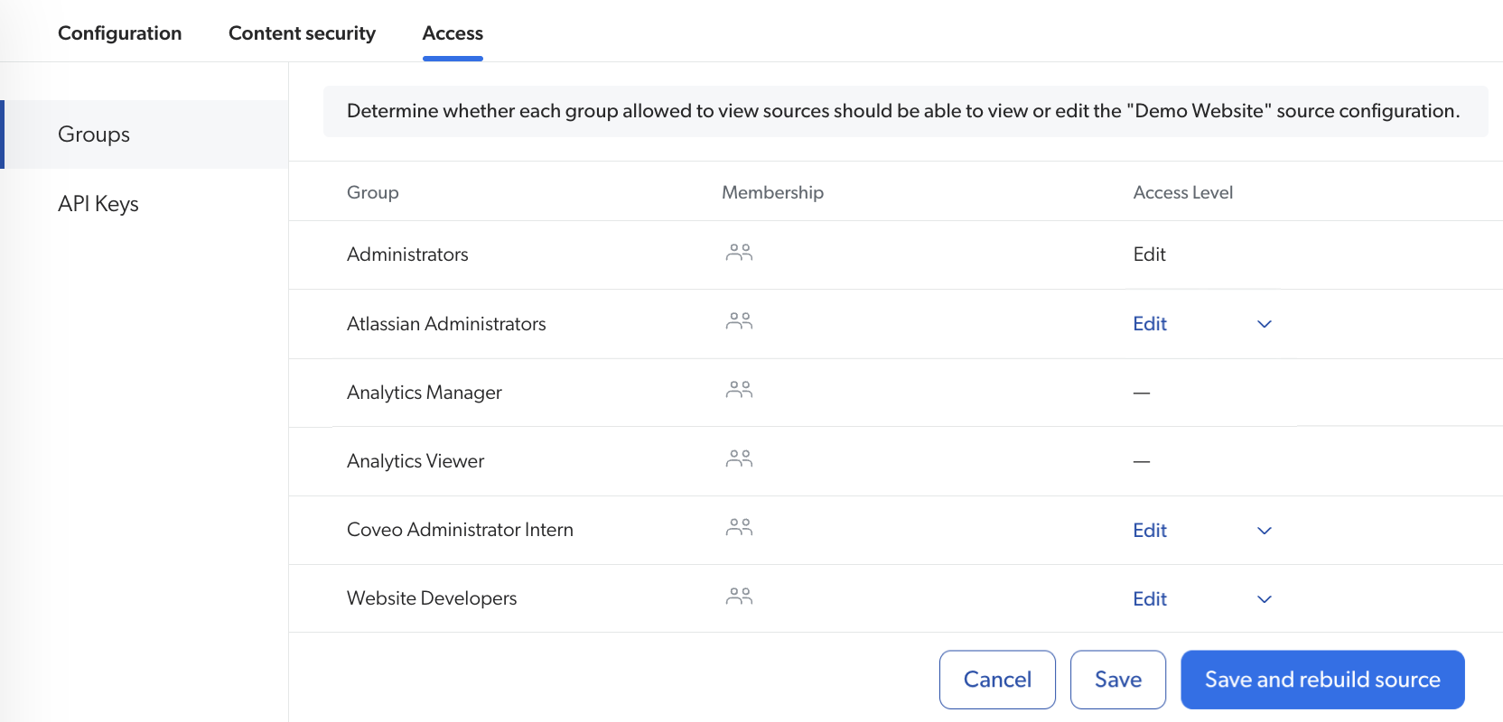 Edit access level for two new groups | Coveo