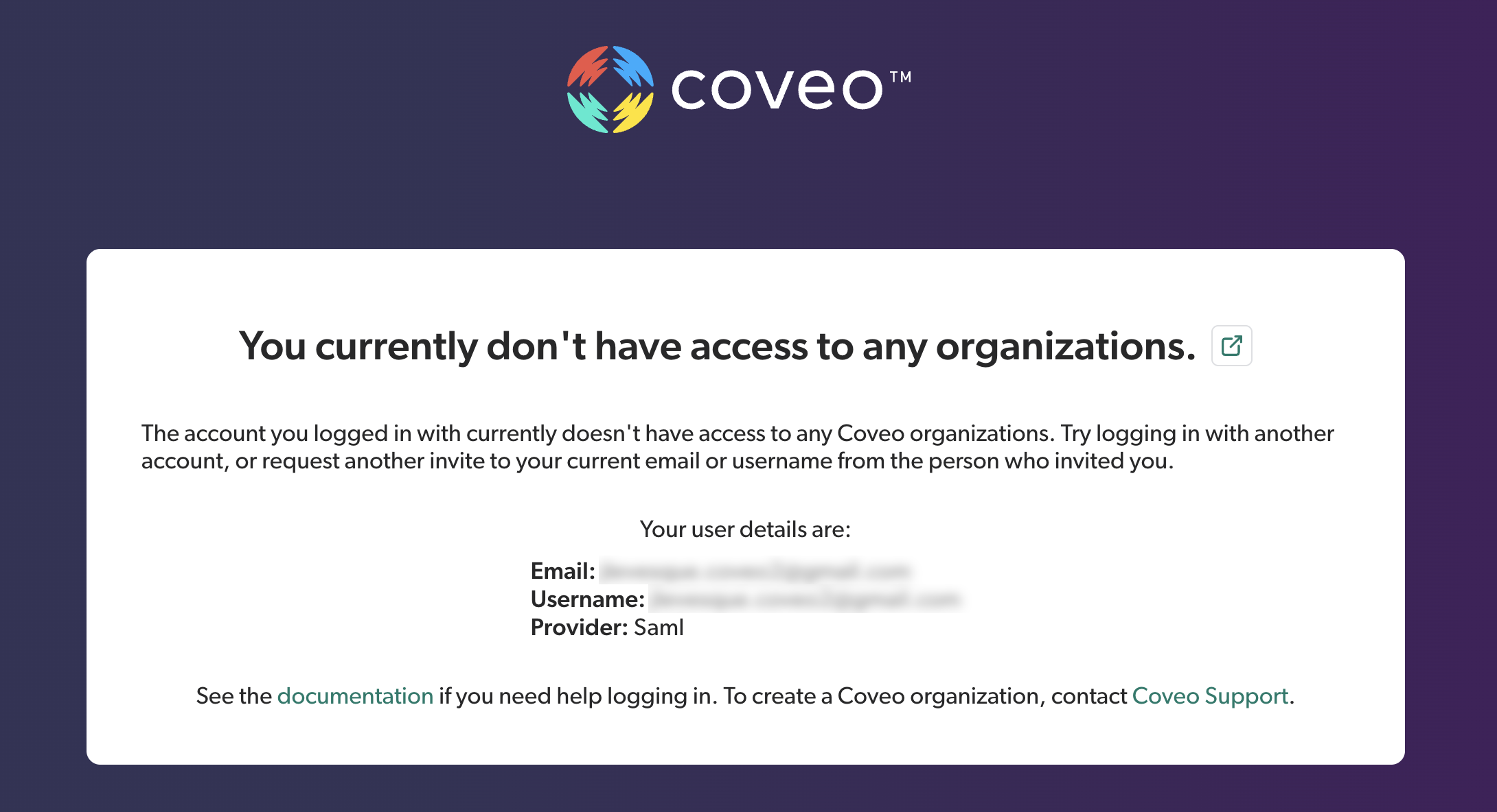 User doesn’t have access to any organizations | Coveo