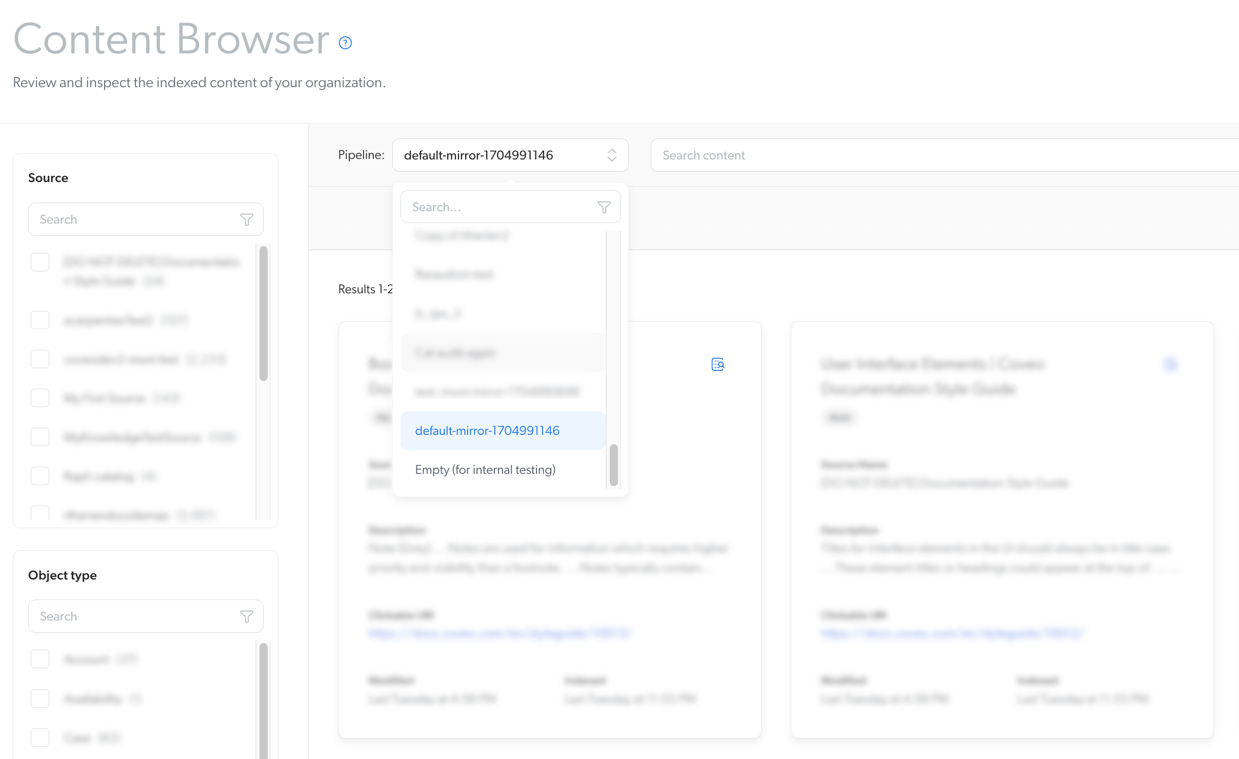 Mirror pipeline in content browser | Coveo
