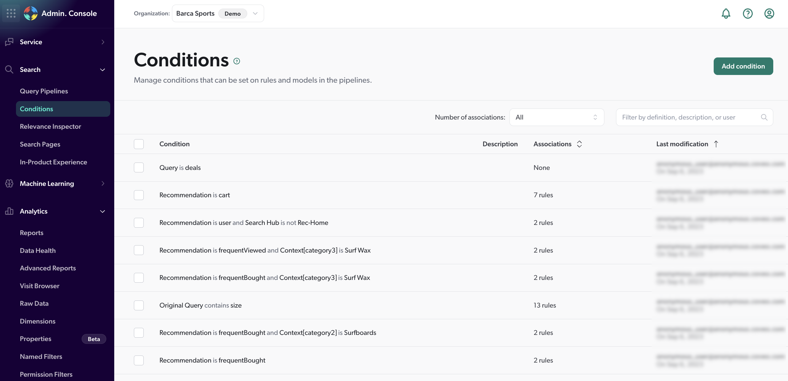 Conditions page | Coveo Platform