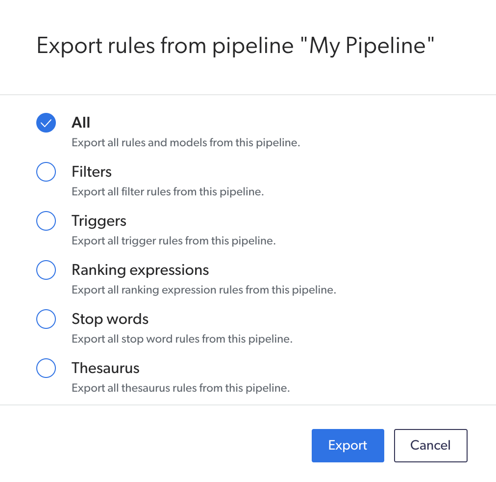 Export panel for pipeline rules and models | Coveo Platform