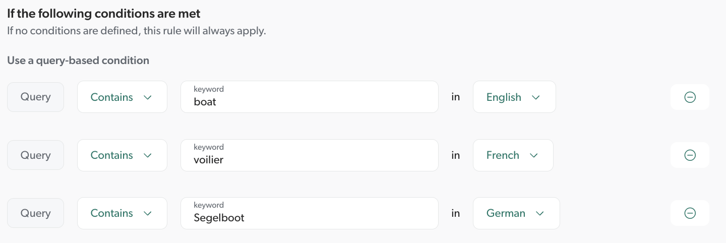 If query contains a word in different languages