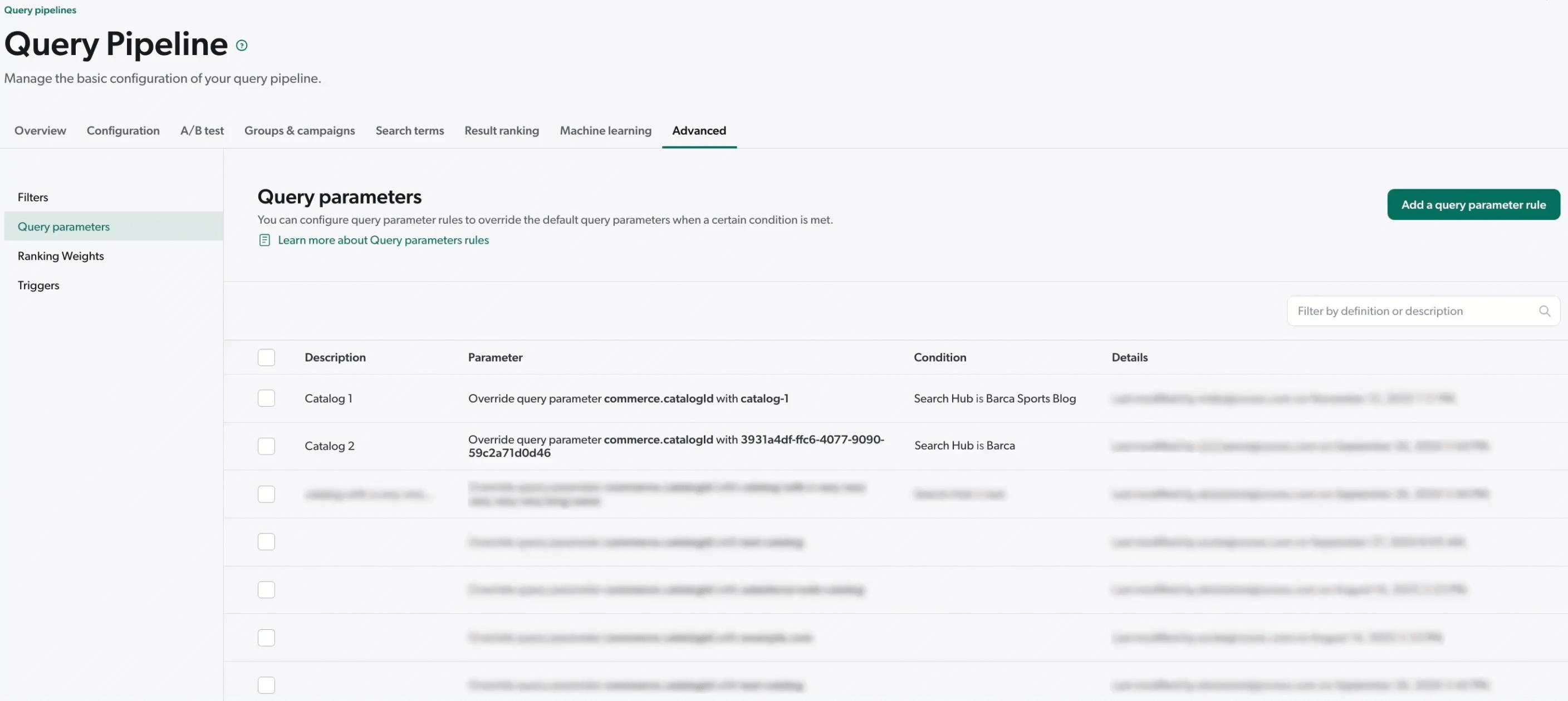 Query parameter rule page with catalog IDs | Coveo