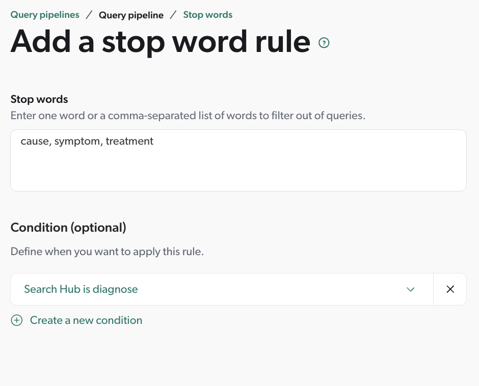 Coveo Platform | Stop word rule panel